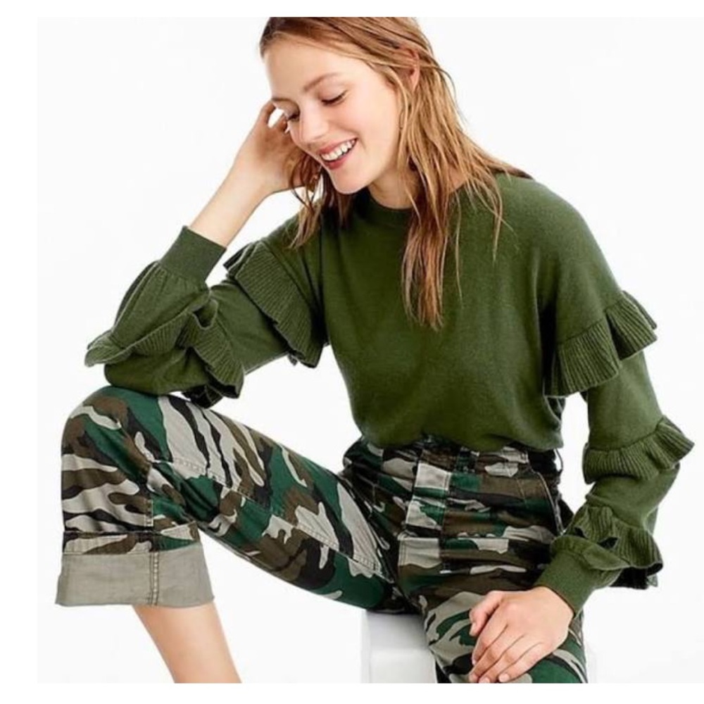 Jcrew Olive Green Ruffle Sleeve Sweater